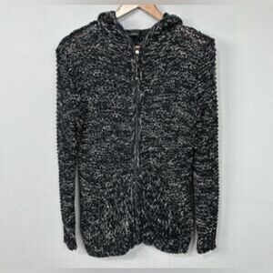 BCBG MaxAzria chunky cardigan sweater full zip black white hooded medium